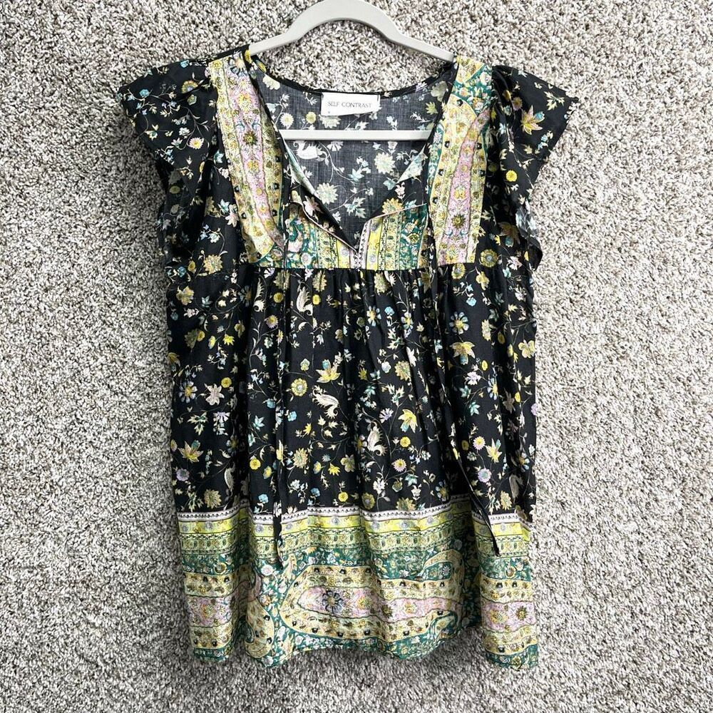 Self Contrast Top Women’s M Black and Yellow Patterned Short Sleeve‎ Blouse